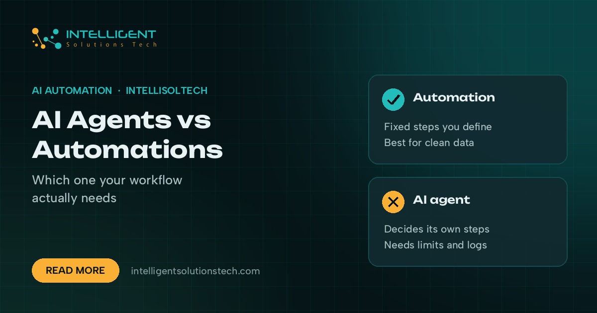 IntelliSolTech banner comparing automations, which follow fixed steps, with AI agents, which decide their own steps.