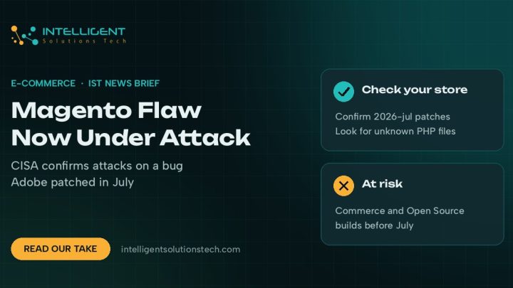 IST News Brief banner saying a Magento flaw is now under attack, with cards on checking store patches and which builds are at risk.