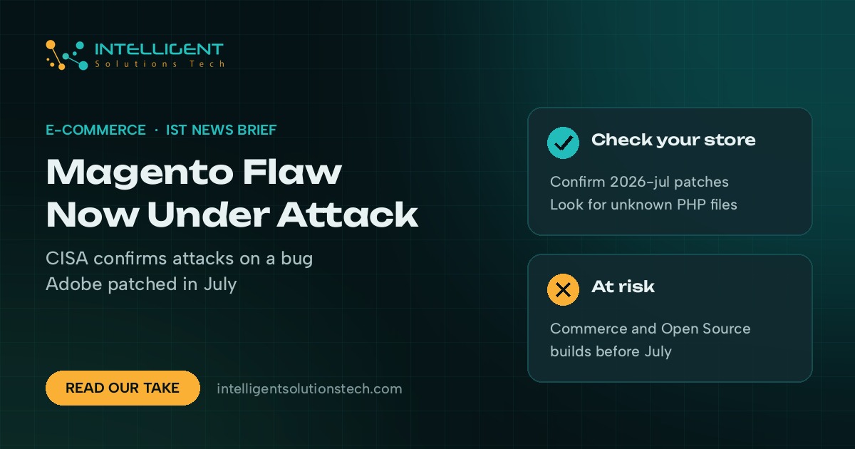 IST News Brief banner saying a Magento flaw is now under attack, with cards on checking store patches and which builds are at risk.