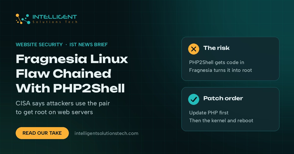 IST News Brief banner explaining that the Fragnesia Linux flaw is being chained with PHP2Shell, with a patch order of PHP first, then the kernel.