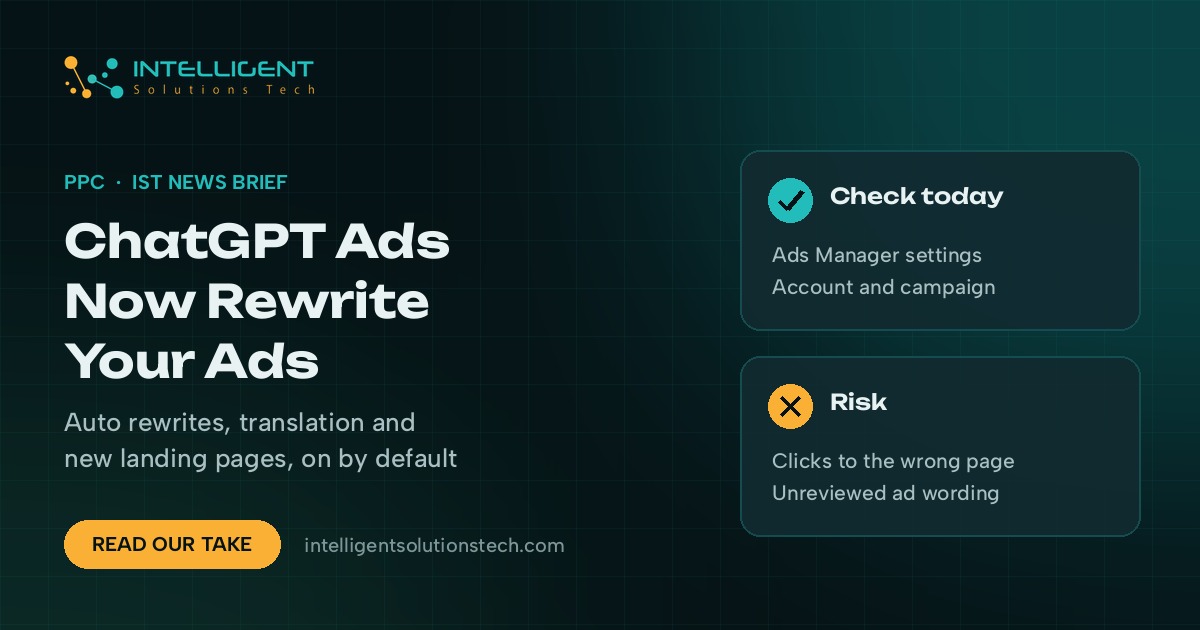IST News Brief banner reading ChatGPT Ads Now Rewrite Your Ads, with cards on checking settings and landing page risk.