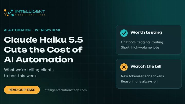 IntelliSolTech banner saying Claude Haiku 5.5 cuts the cost of AI automation, with notes on what to test and what to watch on the bill.