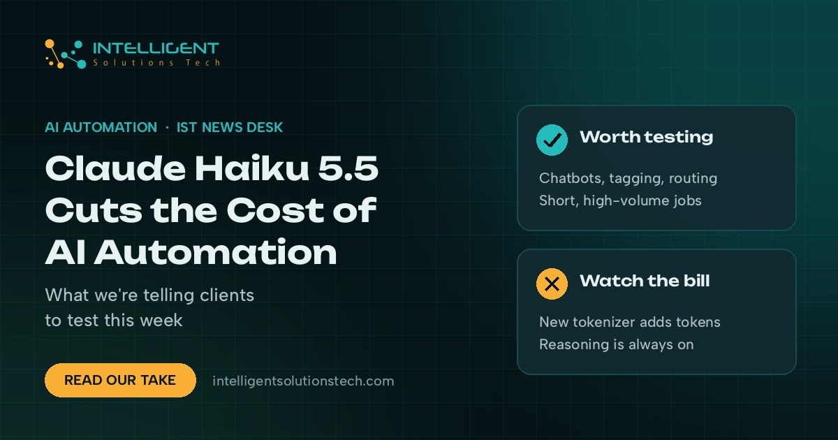 IntelliSolTech banner saying Claude Haiku 5.5 cuts the cost of AI automation, with notes on what to test and what to watch on the bill.