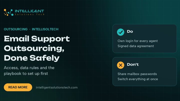 IntelliSolTech banner reading Email Support Outsourcing, Done Safely, with cards on what to do and what to avoid when handing over an inbox.