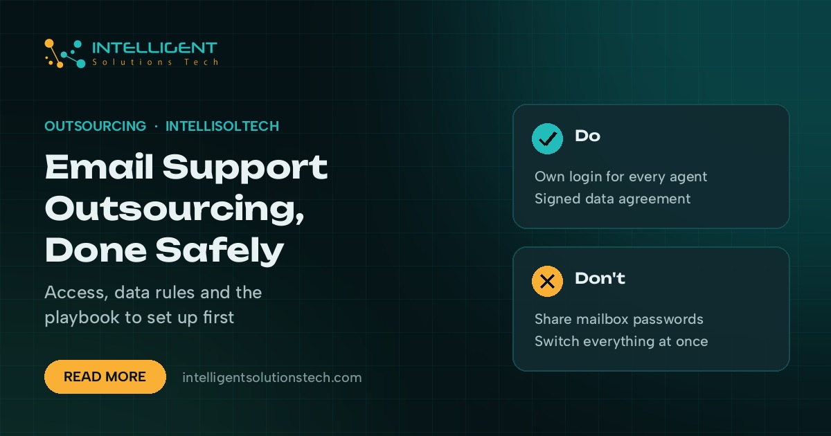 IntelliSolTech banner reading Email Support Outsourcing, Done Safely, with cards on what to do and what to avoid when handing over an inbox.