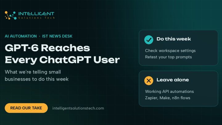 IntelliSolTech news desk banner reading GPT-6 Reaches Every ChatGPT User, with cards on what to check this week and what to leave alone.