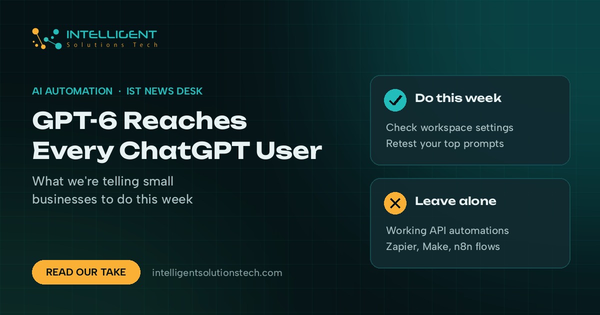 IntelliSolTech news desk banner reading GPT-6 Reaches Every ChatGPT User, with cards on what to check this week and what to leave alone.