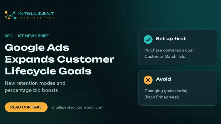 IST News Brief banner reading Google Ads Expands Customer Lifecycle Goals, with cards on what to set up first.