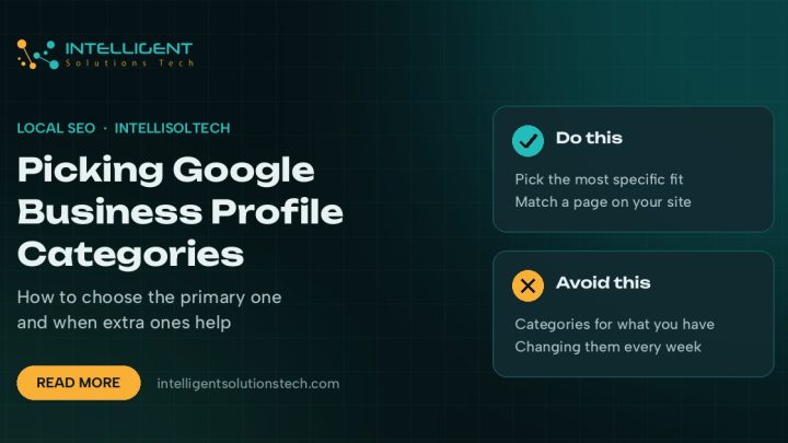 IntelliSolTech banner on choosing Google Business Profile categories, with do and avoid tips.