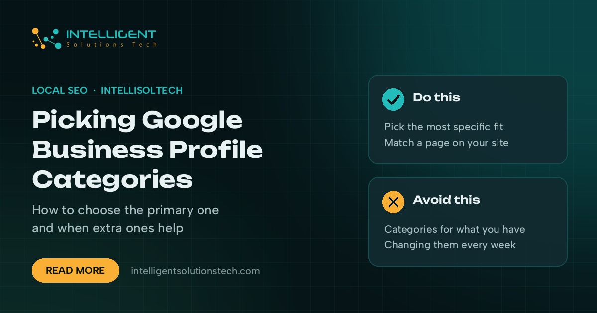 IntelliSolTech banner on choosing Google Business Profile categories, with do and avoid tips.