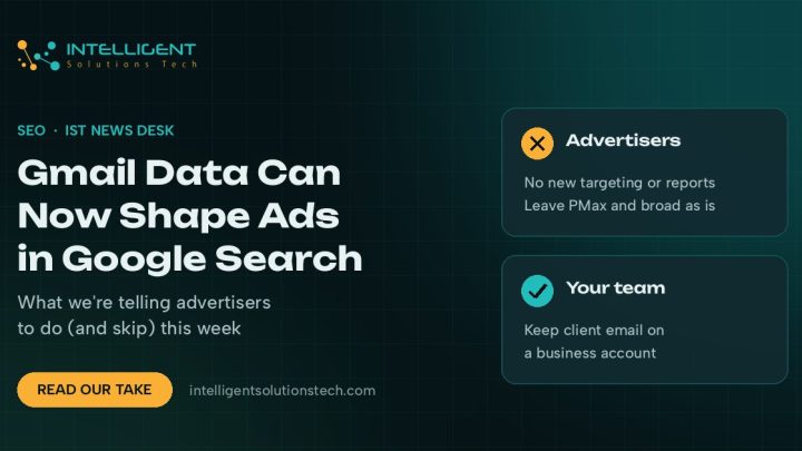 IST News Desk banner reading Gmail Data Can Now Shape Ads in Google Search, with notes for advertisers and teams.