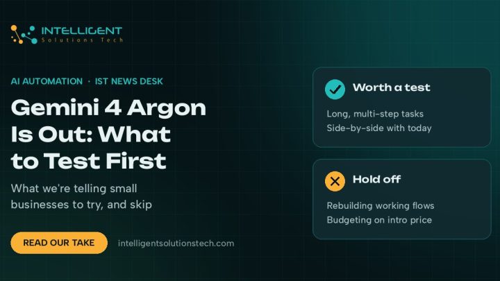 IntelliSolTech news desk banner saying Gemini 4 Argon is out, with cards on what to test and what to hold off on.