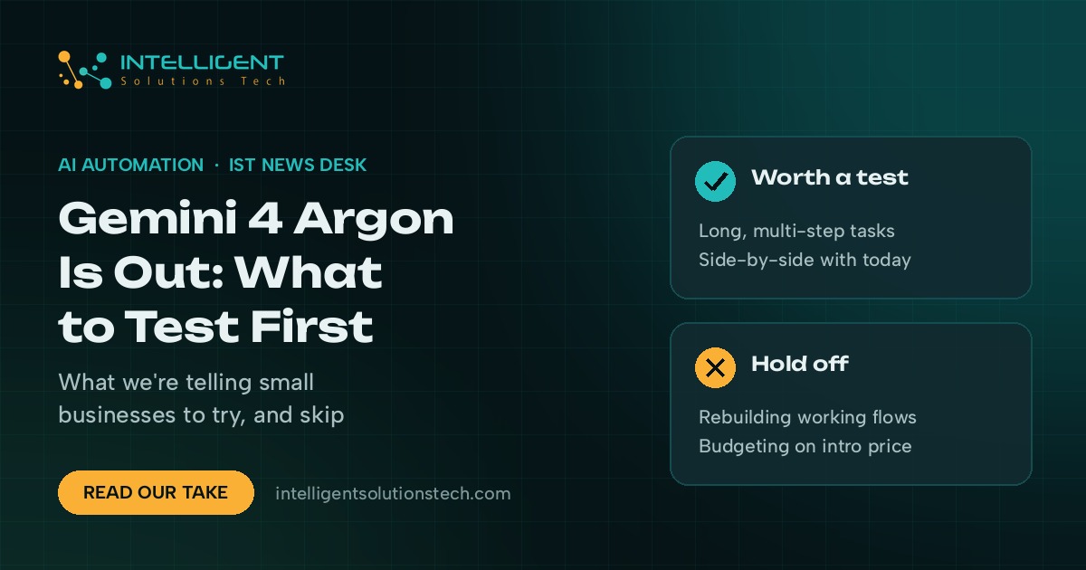 IntelliSolTech news desk banner saying Gemini 4 Argon is out, with cards on what to test and what to hold off on.