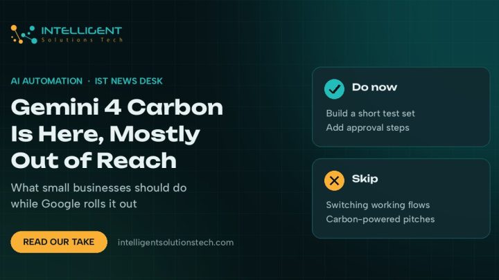 IST News Desk banner reading Gemini 4 Carbon is here, mostly out of reach, with do-now and skip checklists.