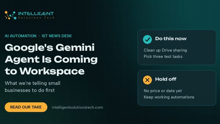 IntelliSolTech banner reading Google's Gemini Agent Is Coming to Workspace, with cards on what to do now and what to hold off on.