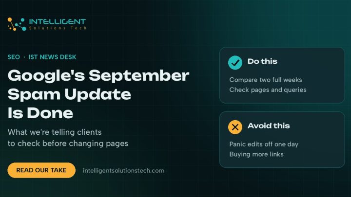 IntelliSolTech banner announcing that Google's September 2026 spam update is done, with do and avoid checklists.