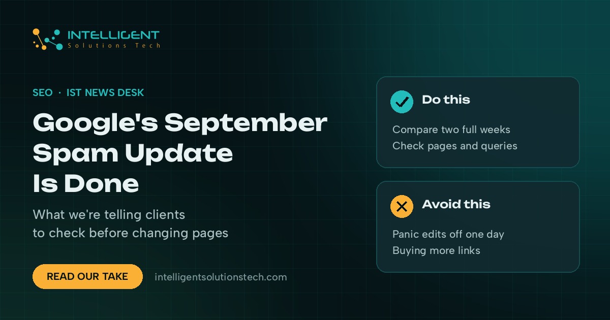 IntelliSolTech banner announcing that Google's September 2026 spam update is done, with do and avoid checklists.