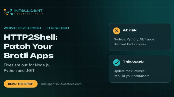 IST News Brief banner saying HTTP2Shell: patch your Brotli apps, with fixes out for Node.js, Python and .NET.