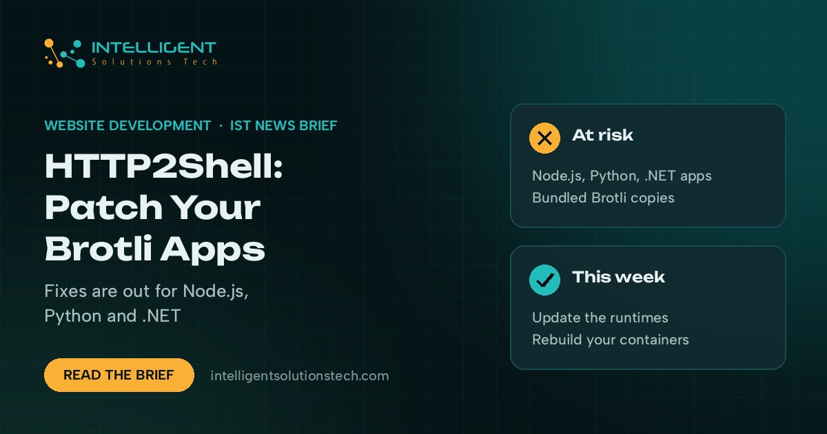 IST News Brief banner saying HTTP2Shell: patch your Brotli apps, with fixes out for Node.js, Python and .NET.