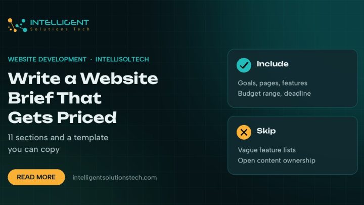 IntelliSolTech banner on writing a website brief, listing what to include and what to skip.