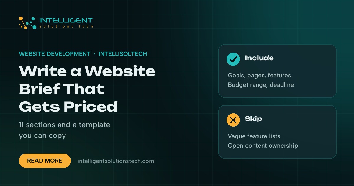 IntelliSolTech banner on writing a website brief, listing what to include and what to skip.