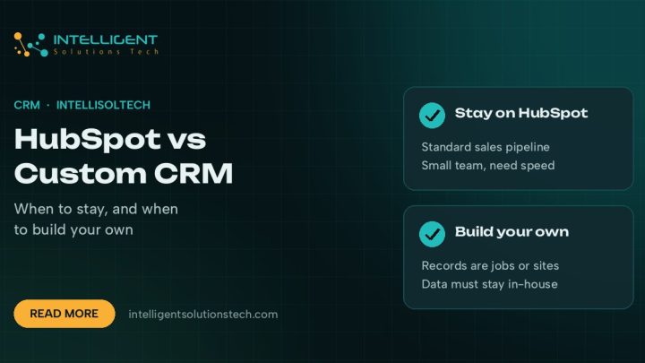 IntelliSolTech banner reading HubSpot vs Custom CRM, with cards on when to stay on HubSpot and when to build your own.