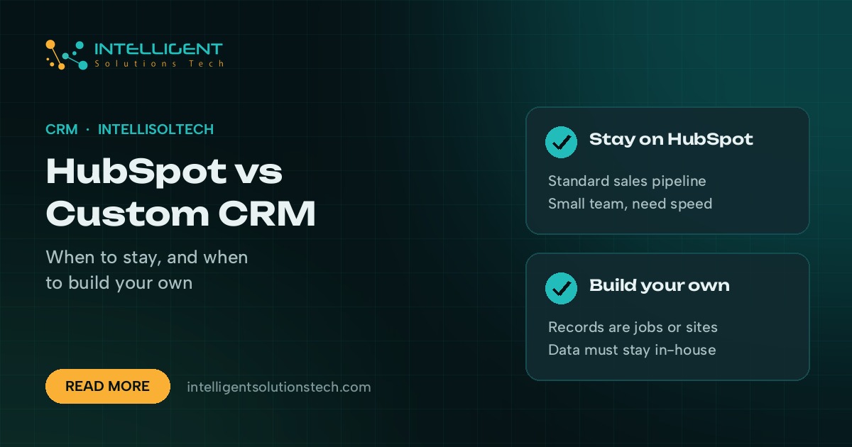 IntelliSolTech banner reading HubSpot vs Custom CRM, with cards on when to stay on HubSpot and when to build your own.