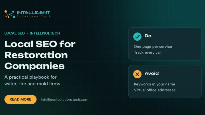 IntelliSolTech banner reading Local SEO for Restoration Companies, with do and avoid tips for water, fire and mold firms.