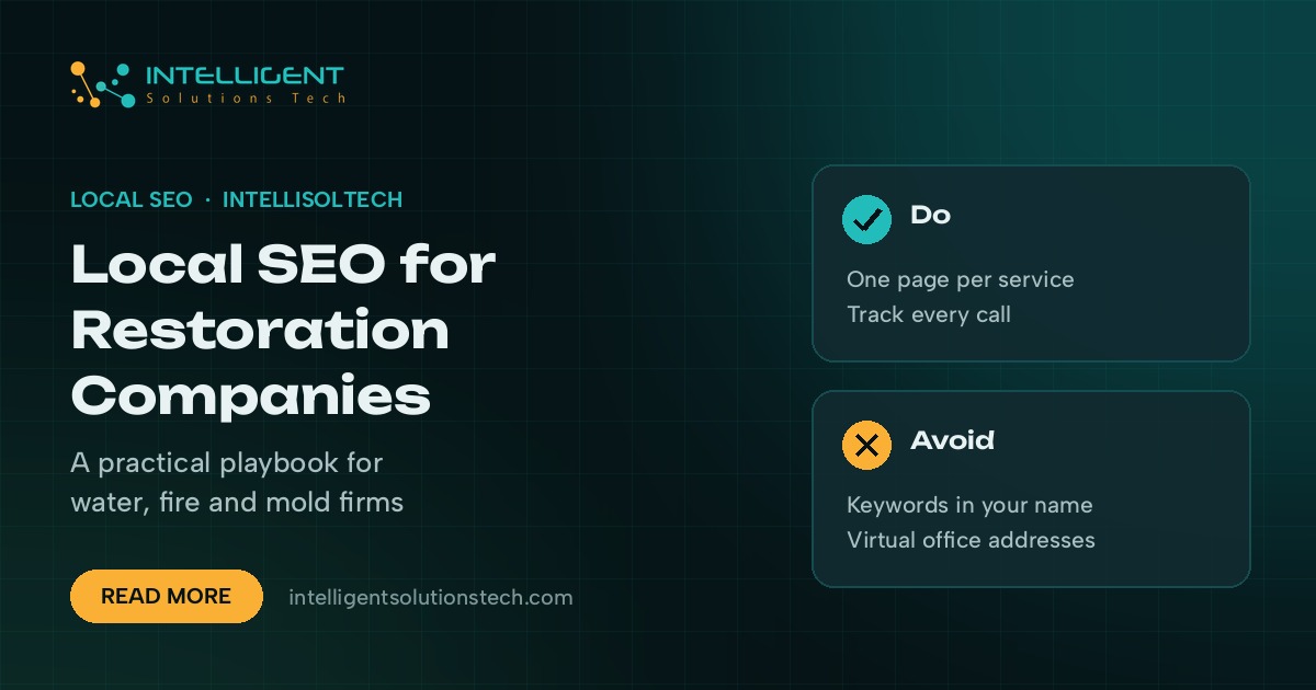 IntelliSolTech banner reading Local SEO for Restoration Companies, with do and avoid tips for water, fire and mold firms.