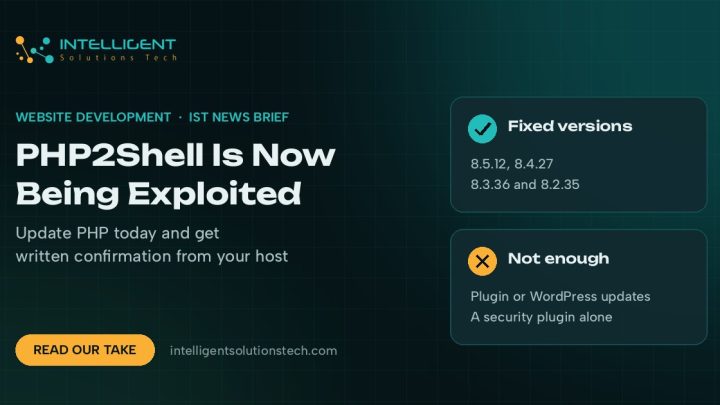 IntelliSolTech news brief banner saying PHP2Shell is now being exploited, with the fixed PHP versions listed.