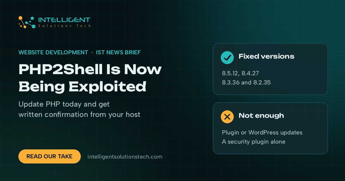 IntelliSolTech news brief banner saying PHP2Shell is now being exploited, with the fixed PHP versions listed.