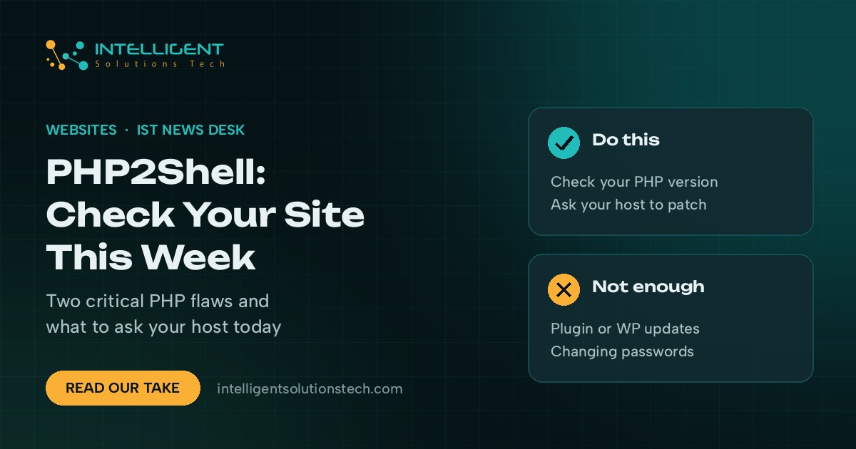 IntelliSolTech banner reading PHP2Shell: Check Your Site This Week, with cards on what to do and what is not enough.
