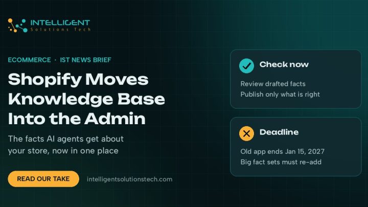 IntelliSolTech news brief banner: Shopify moves Knowledge base for AI agent store facts into the admin, with a January 15, 2027 deadline for the old app.