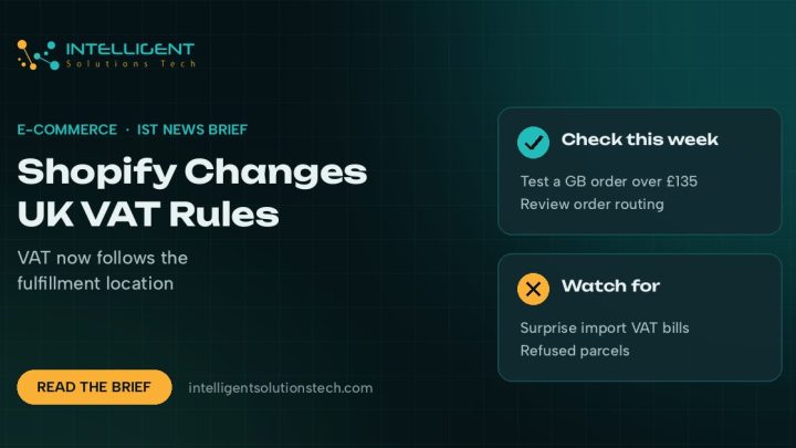IntelliSolTech news brief banner about Shopify calculating UK VAT by fulfillment location, with checks for store owners.