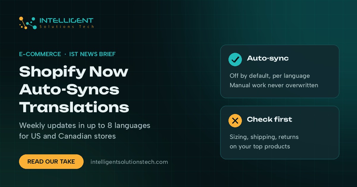 IST News Brief banner reading Shopify Now Auto-Syncs Translations, with notes on the new weekly Auto-sync setting.
