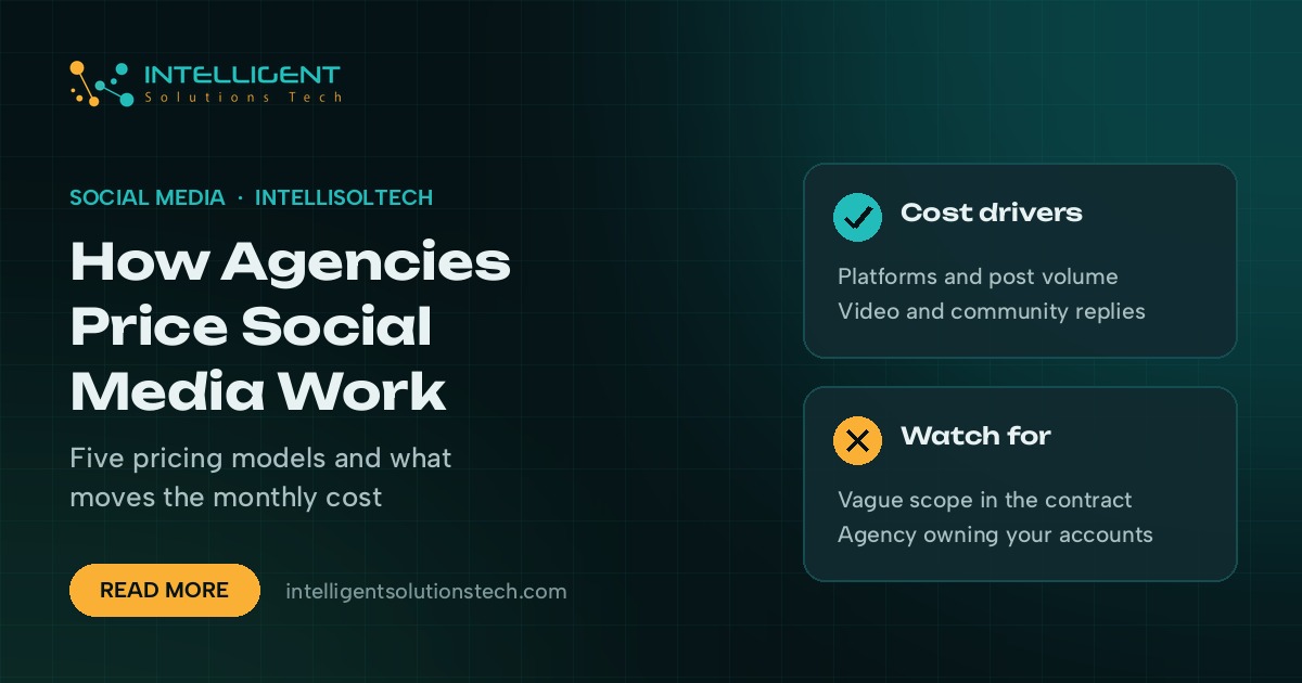 IntelliSolTech banner reading How Agencies Price Social Media Work, with cards on cost drivers and contract warning signs.