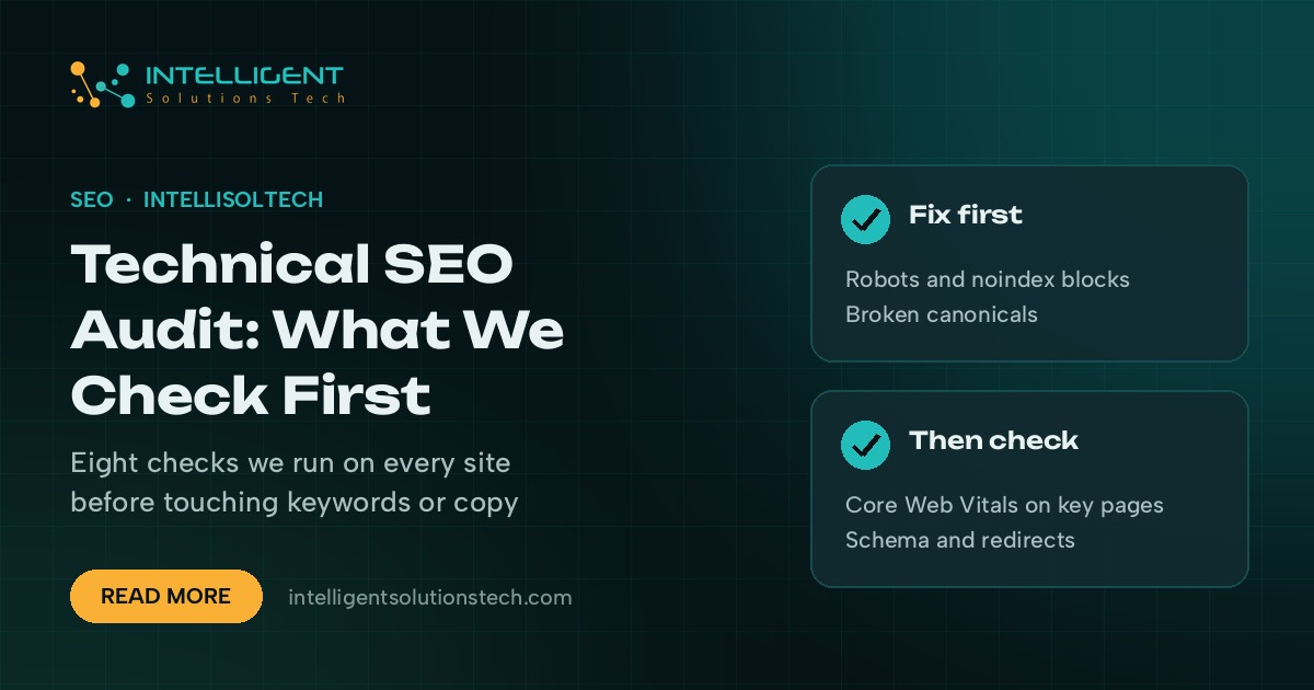 IntelliSolTech banner reading Technical SEO Audit: What We Check First, with cards for crawl blocks, canonicals, Core Web Vitals and schema.