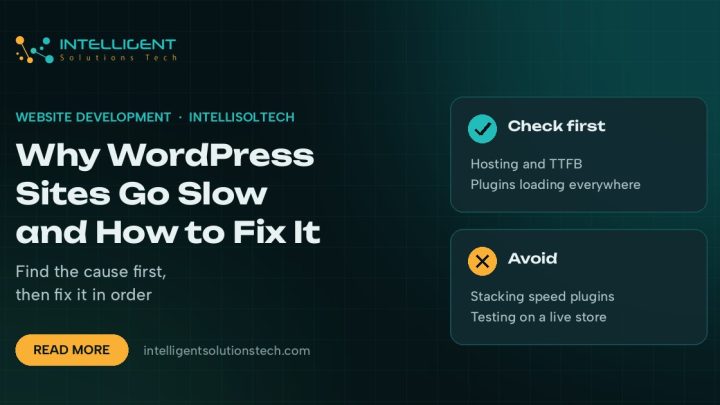 IntelliSolTech banner reading Why WordPress Sites Go Slow and How to Fix It, with cards on what to check first and what to avoid.