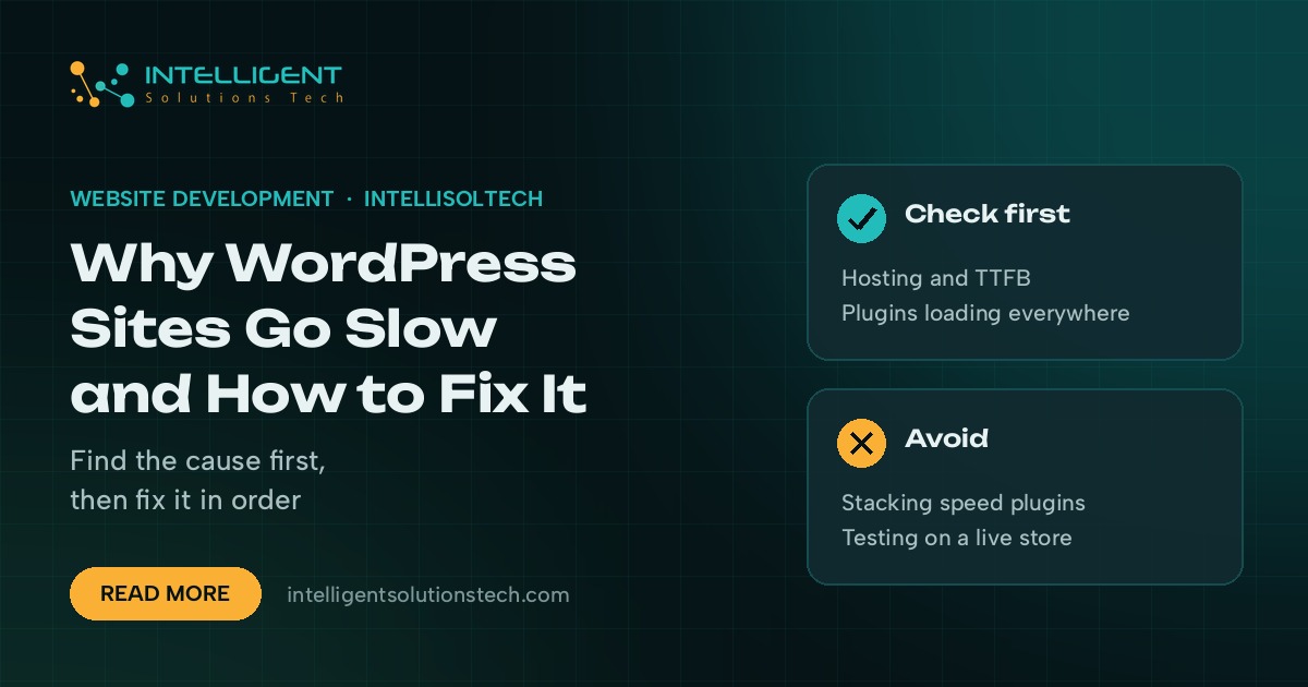 IntelliSolTech banner reading Why WordPress Sites Go Slow and How to Fix It, with cards on what to check first and what to avoid.