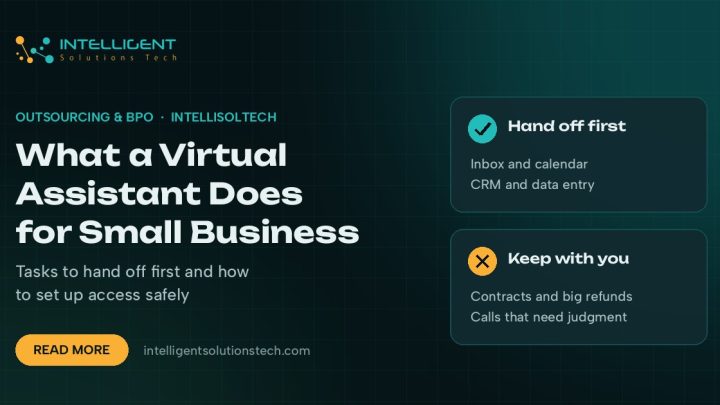 IntelliSolTech banner listing tasks a small business can hand to a virtual assistant and tasks to keep.