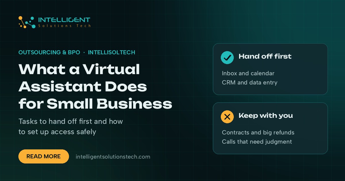 IntelliSolTech banner listing tasks a small business can hand to a virtual assistant and tasks to keep.